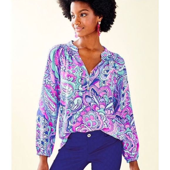 Lilly Pulitzer Tops - Lilly Pulitzer Elsa Silk Top in Pink Tropics Mermaids Call Pink, Blue Size M